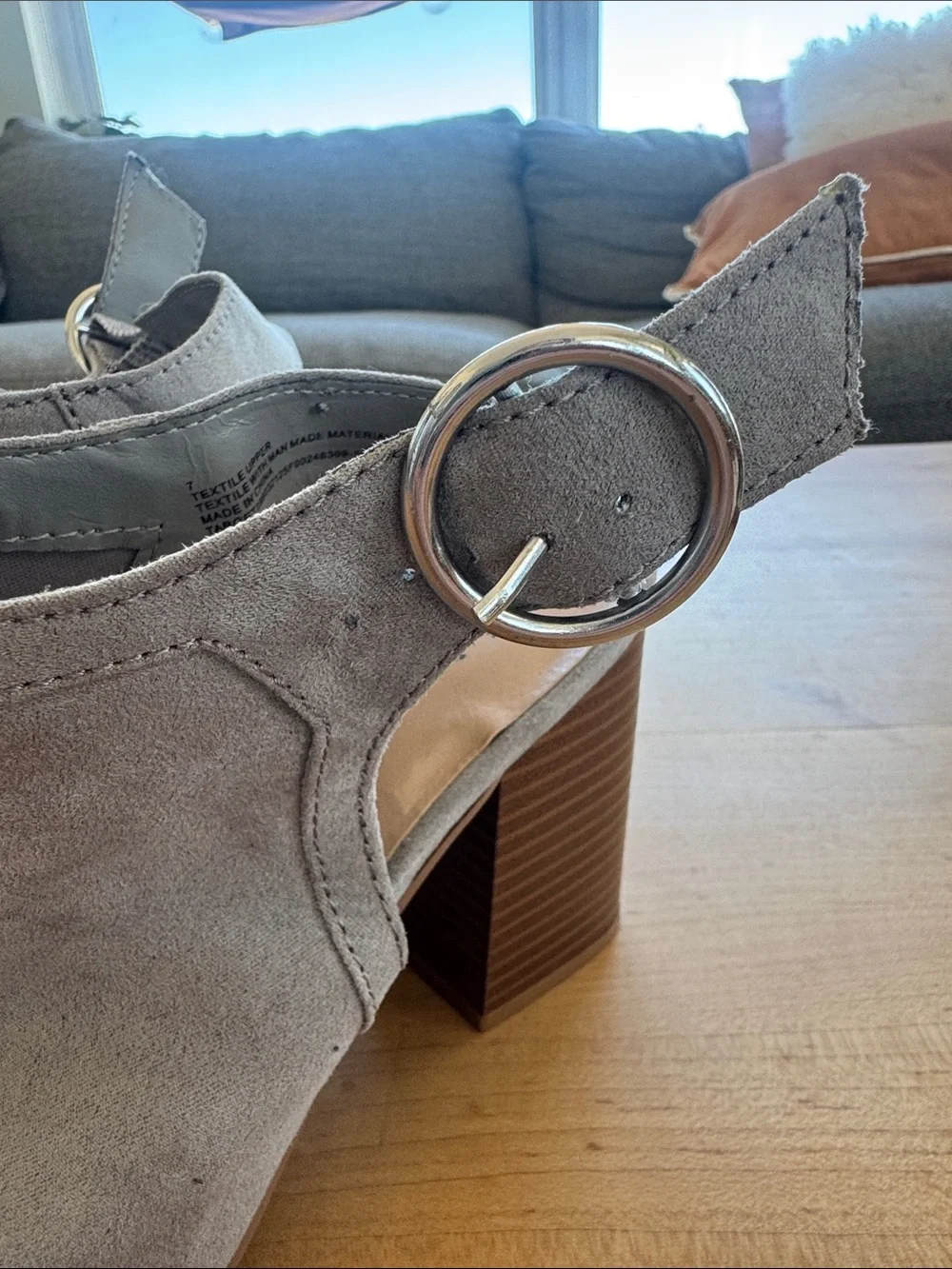 a new day Gray Open-Toe Suede Ankle Strap Sandals with Round Silver Buckle